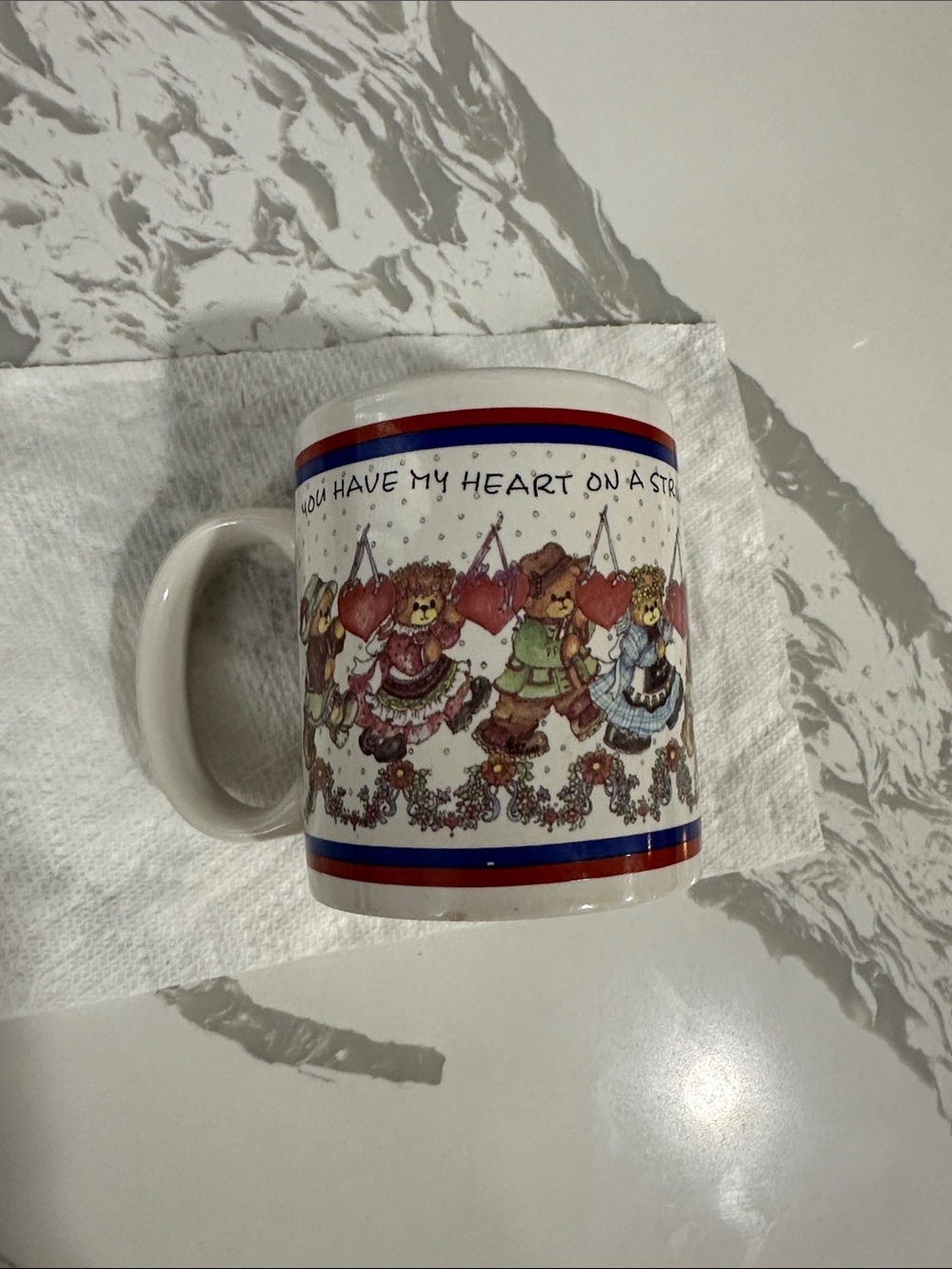 Ceramic Bear Heart Garland Mug - White with Red & Blue Trim